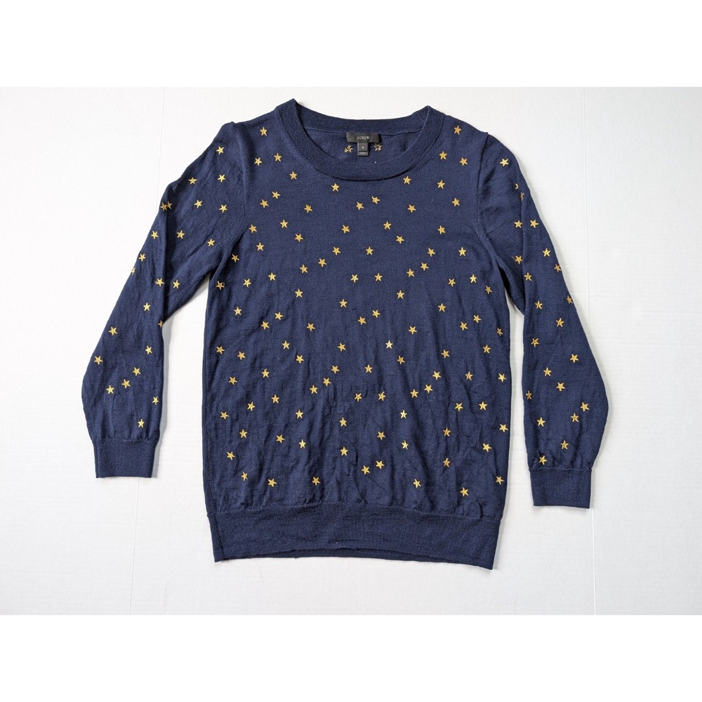 J Crew Merino‎ Wool Womens Sweater Medium Navy Blue Stars Long Sleeve